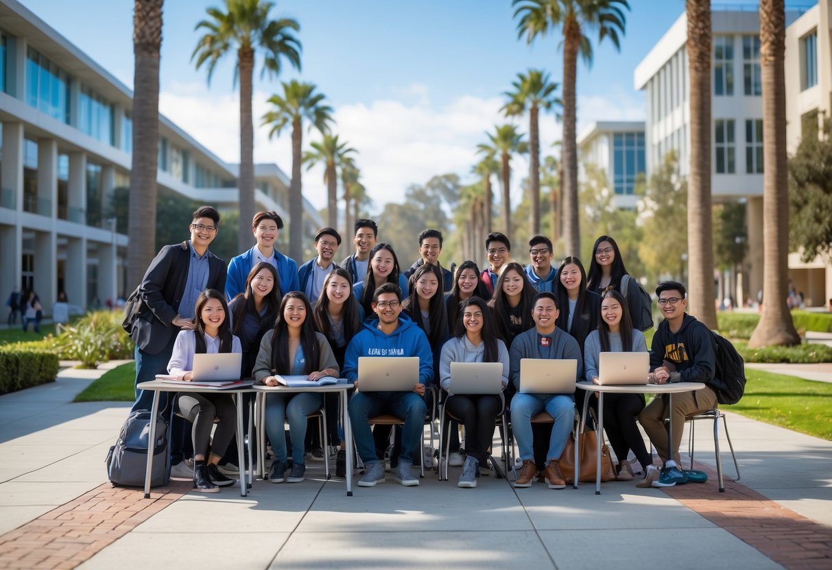 A diverse group of university students studying and collaborating outdoors on a sunny university campus with modern buildings and palm trees.