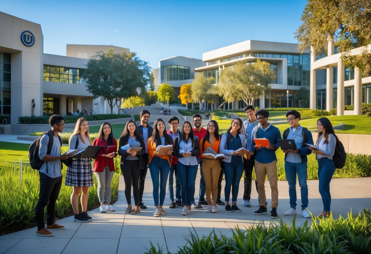 A diverse group of university students studying together outdoors on a sunny university campus with modern buildings and green landscaping.