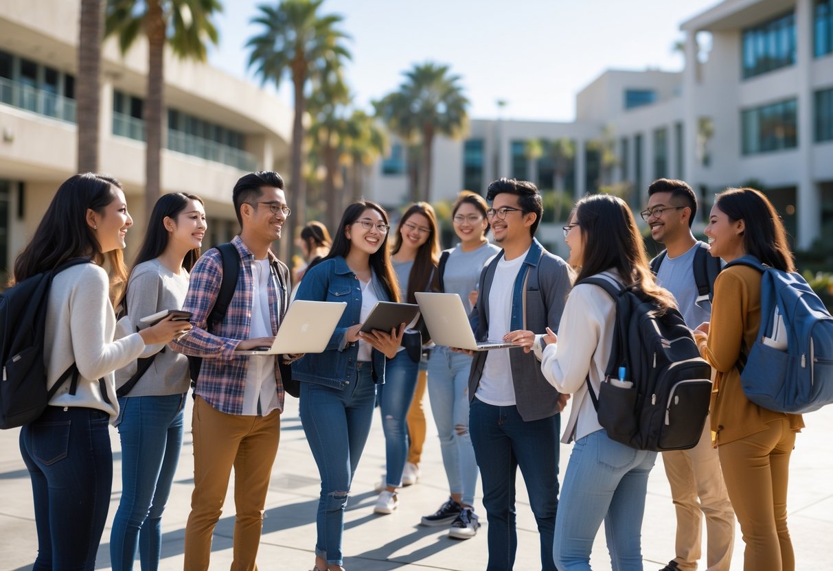 A diverse group of university students studying and collaborating outdoors on a sunny university campus with modern buildings and palm trees in the background.