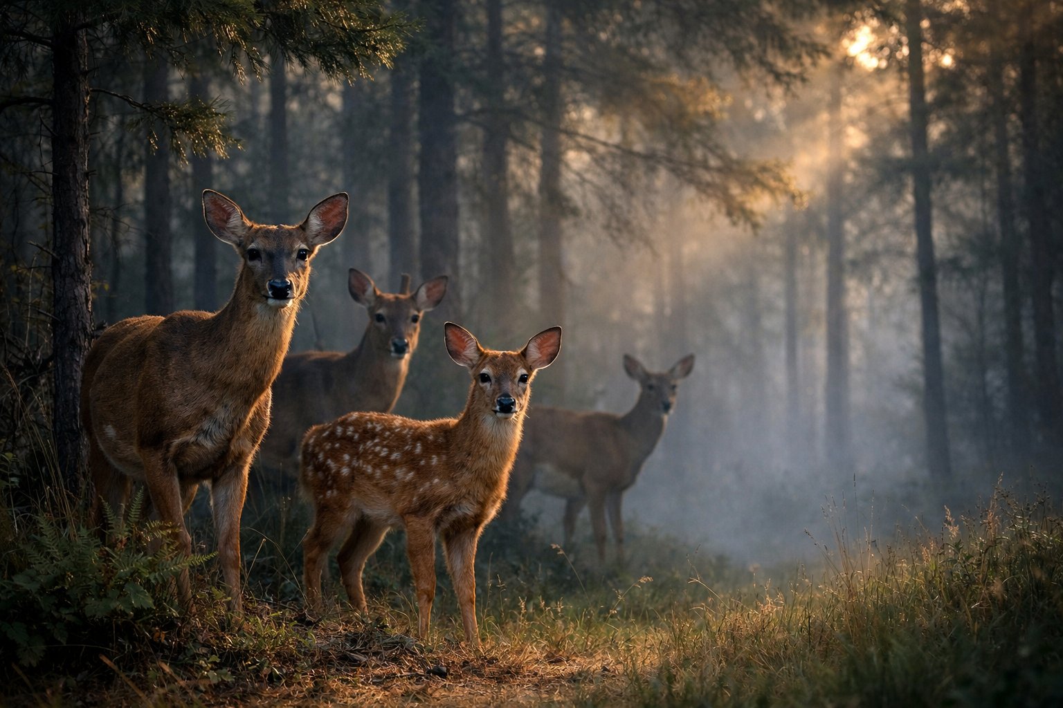 A group of deer standing alert and cautious at the edge of a forest with sunlight filtering through the trees.