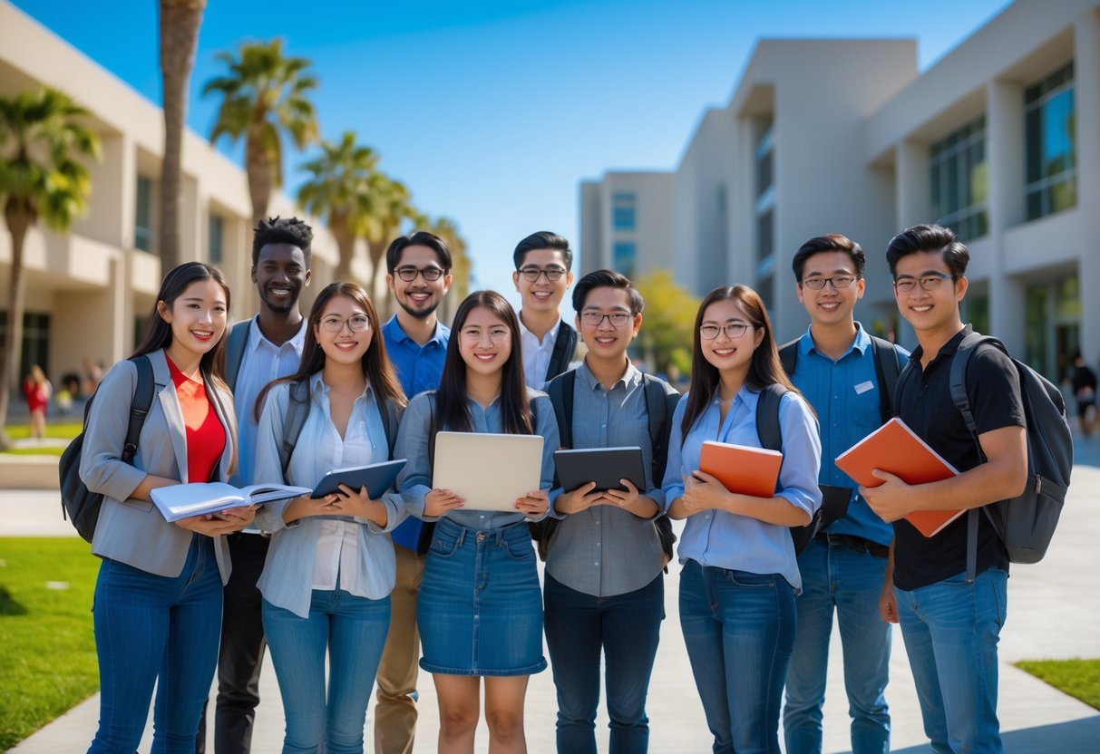 A diverse group of university students studying together outdoors on a sunny university campus with modern buildings and palm trees in the background.