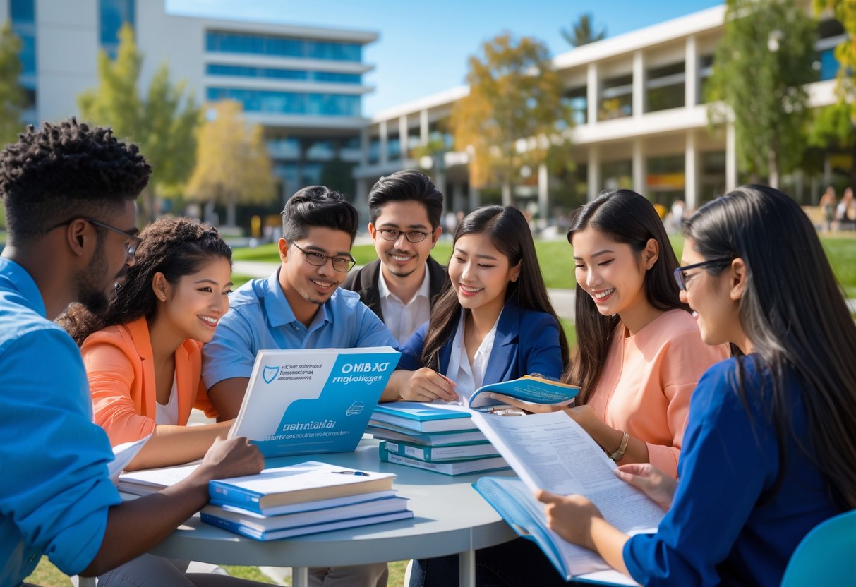 A group of diverse university students studying together outdoors on a sunny campus with modern buildings and greenery.