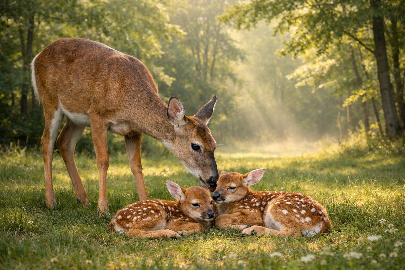 A mother deer standing next to two newborn fawns resting on grass in a forest clearing.