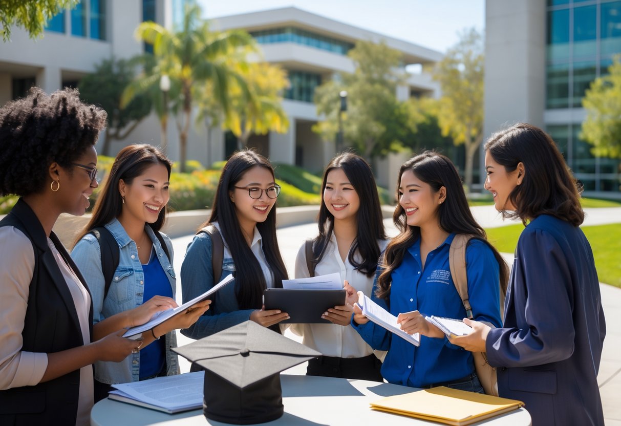 A group of graduate students studying and discussing on a university campus with modern buildings and trees in the background.