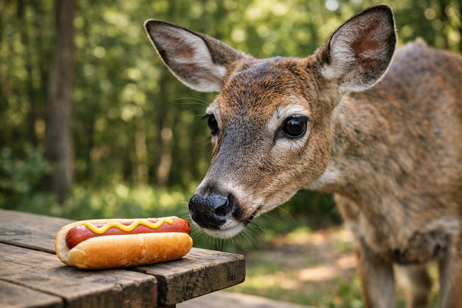 A deer in a forest approaches a hot dog placed on a picnic table.