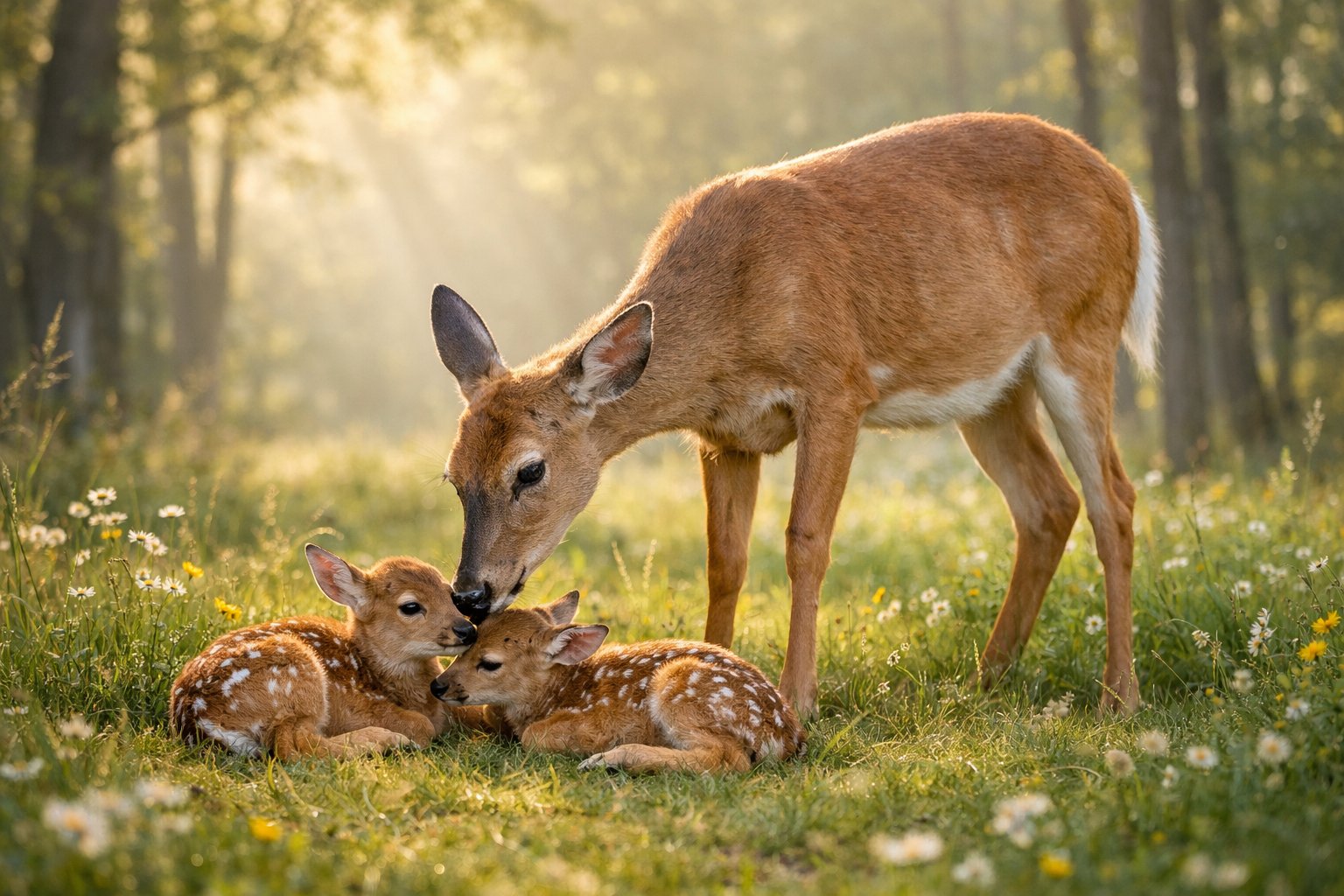 A mother deer standing protectively beside two newborn fawns lying on grass in a forest clearing.
