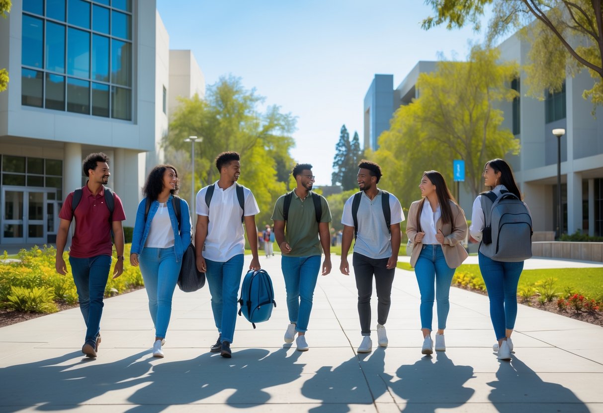 A group of diverse university students walking and talking outdoors on a sunny day at a university campus.