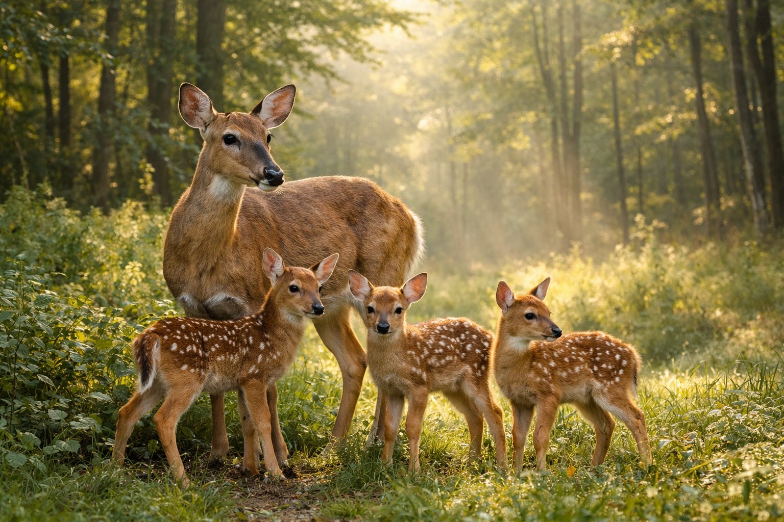 A mother deer standing with two or three young fawns in a forest with sunlight filtering through the trees.