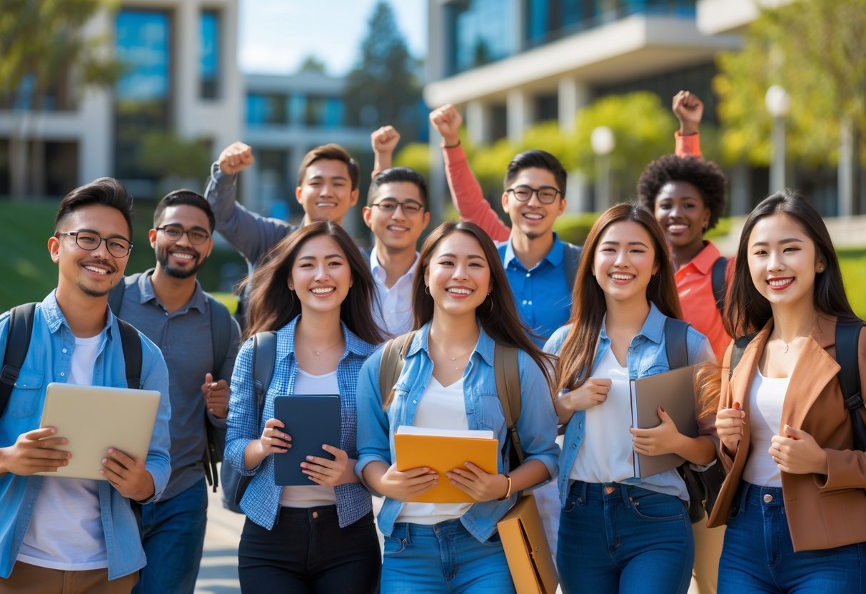 A group of diverse university students smiling and interacting on a sunny university campus with modern buildings and greenery in the background.