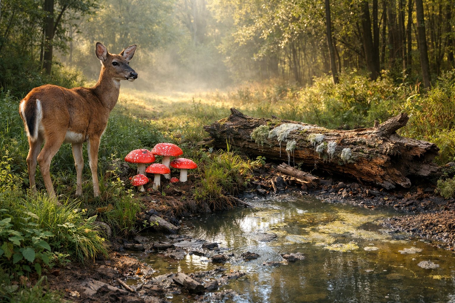 A deer standing near a stream in a forest clearing with nearby signs of natural hazards like toxic mushrooms and moldy wood.
