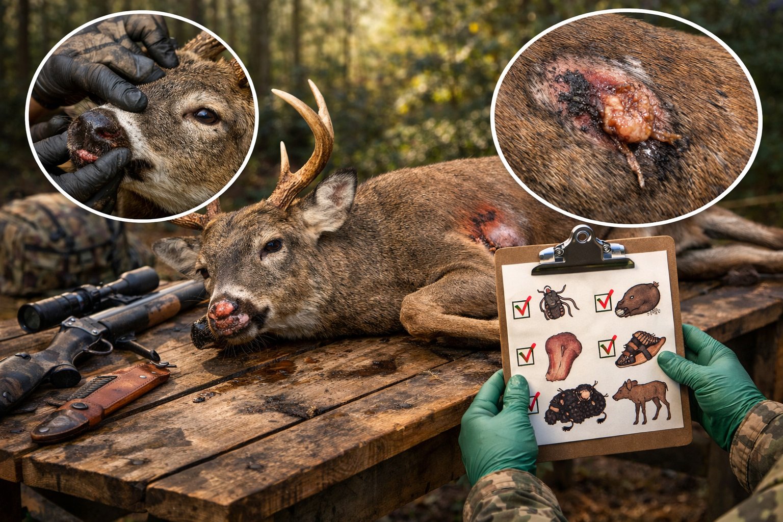 A hunter examining a freshly hunted deer on a wooden table outdoors, checking for signs of illness or damage before consumption.