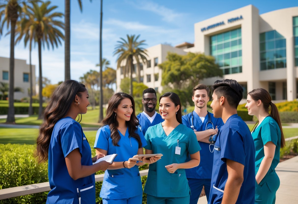 A diverse group of nursing students studying and talking together outdoors on a university campus with modern buildings and greenery.
