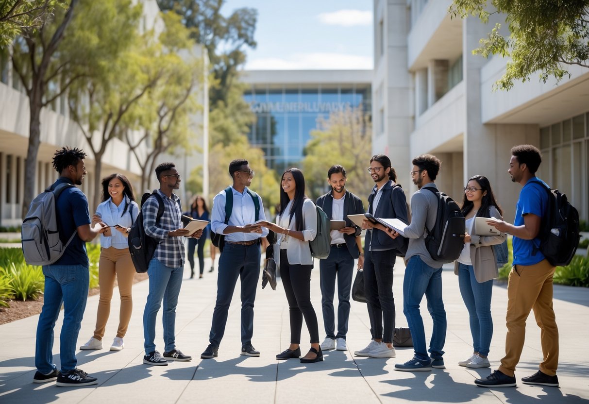 A group of diverse university students studying and talking outdoors on a sunny university campus with modern buildings in the background.