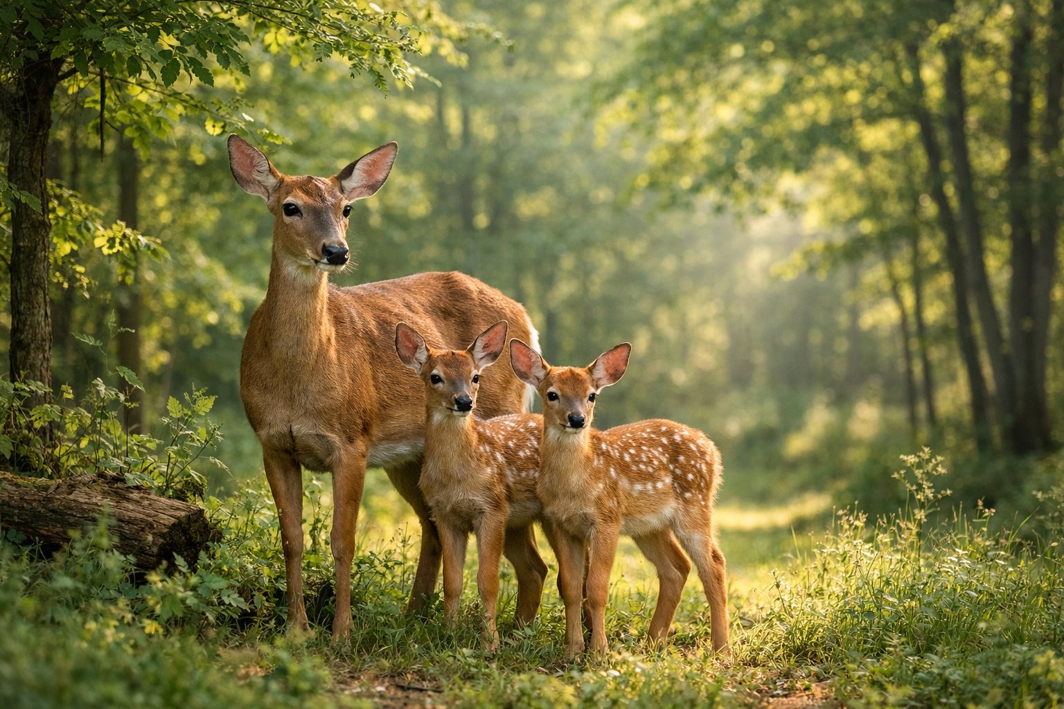 A doe and two fawns standing close together in a forest with sunlight filtering through the trees.