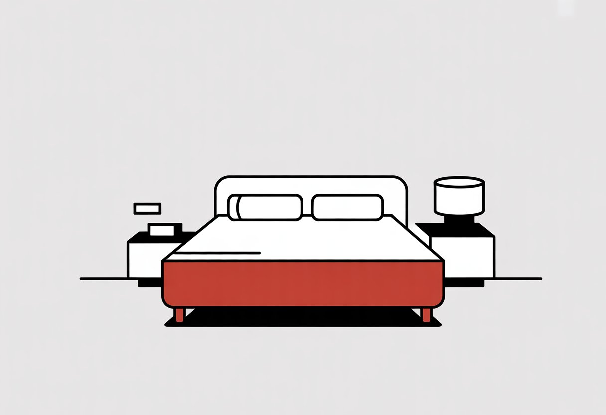A queen mattress on a simple bed frame with a bedside table in a minimalist bedroom scene.