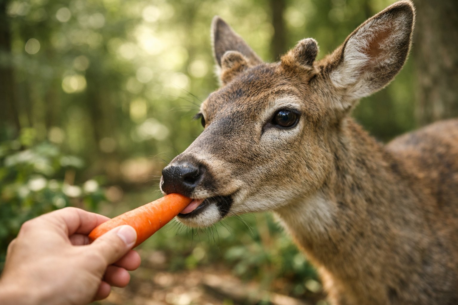 A deer eating a carrot held by a human hand in a forest.