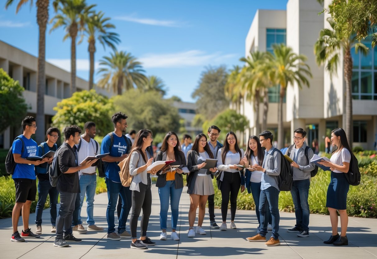 A group of diverse university students studying and discussing outdoors on a sunny university campus with modern buildings and greenery.