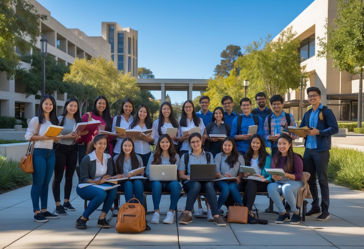 A diverse group of university students studying together outdoors on a university campus with modern buildings and trees in the background.