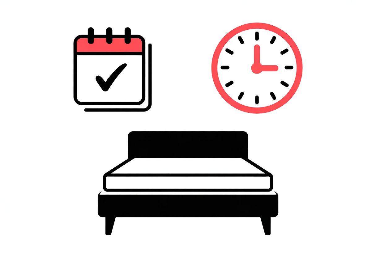 A queen mattress with a clock and calendar icons representing the passage of time.