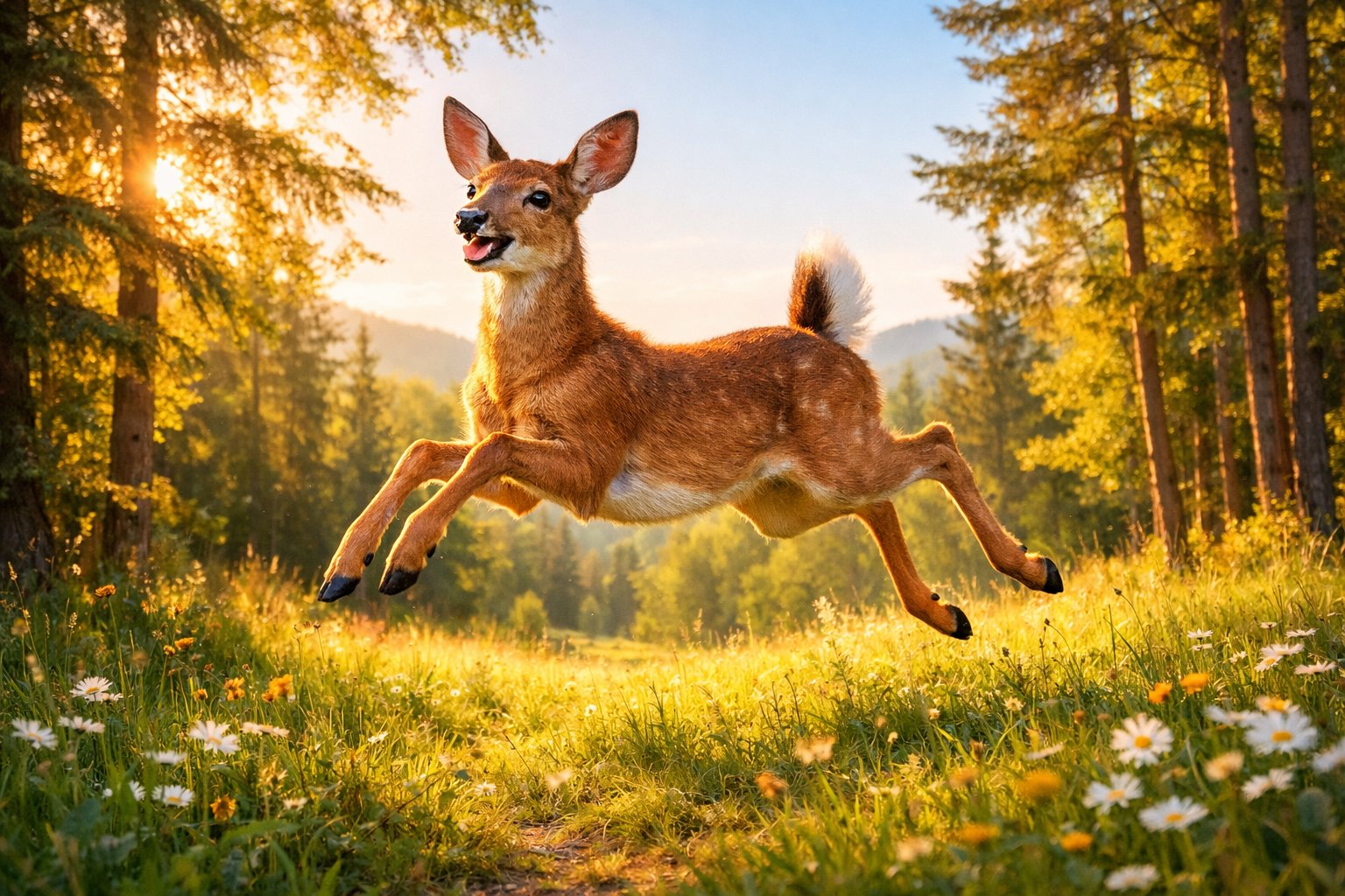 A deer joyfully leaping in a sunlit forest clearing surrounded by trees and wildflowers.