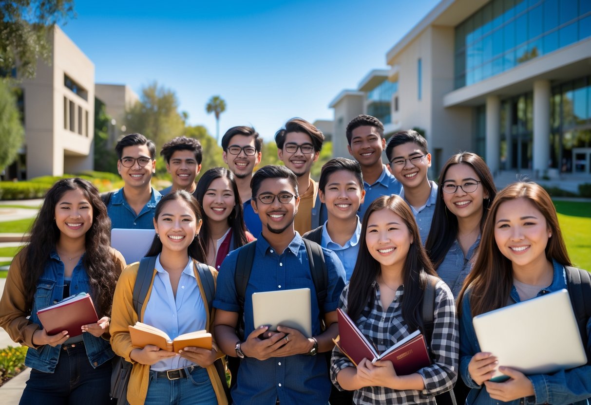 A diverse group of university students smiling and interacting outdoors on a sunny university campus with modern buildings and greenery in the background.