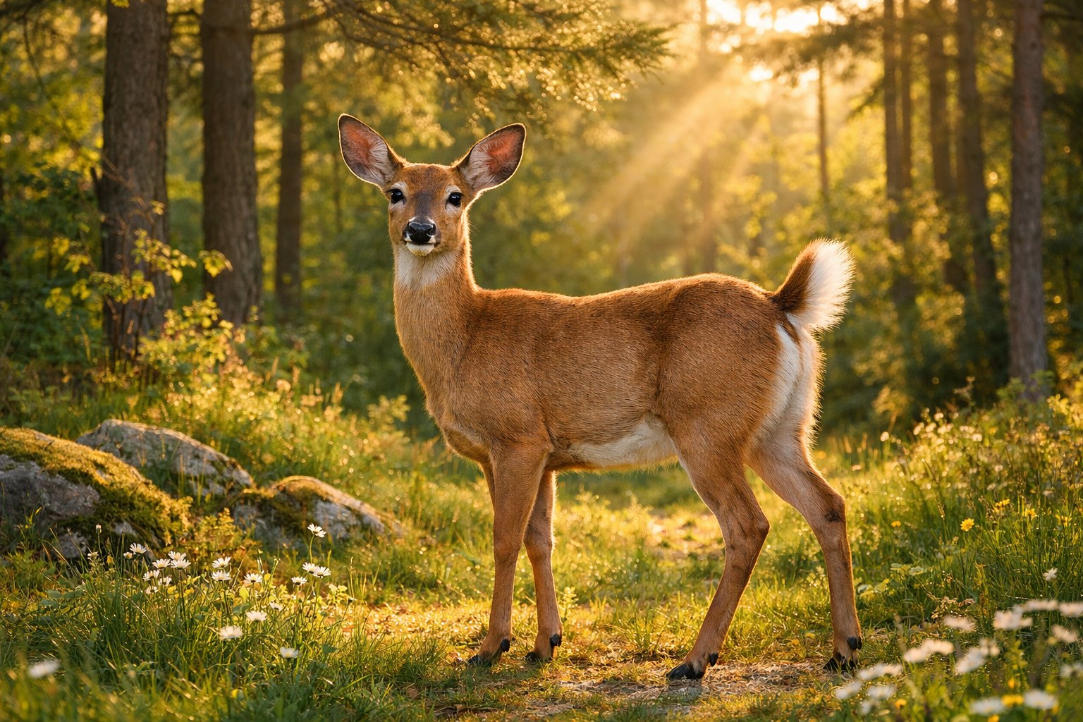 A deer standing peacefully in a sunlit forest clearing surrounded by trees and greenery.