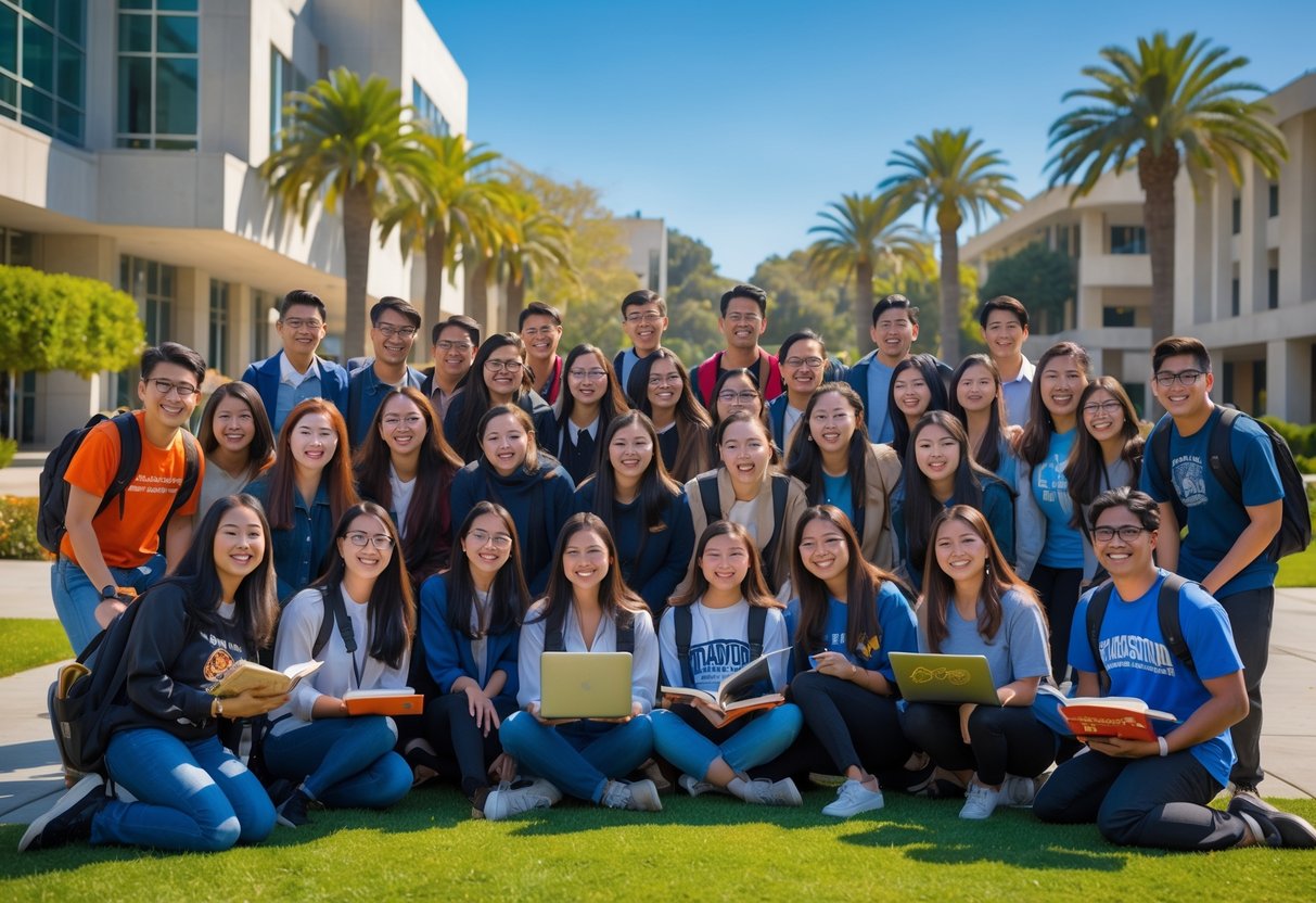 A diverse group of university students studying and talking together outdoors on a sunny day at a university campus.
