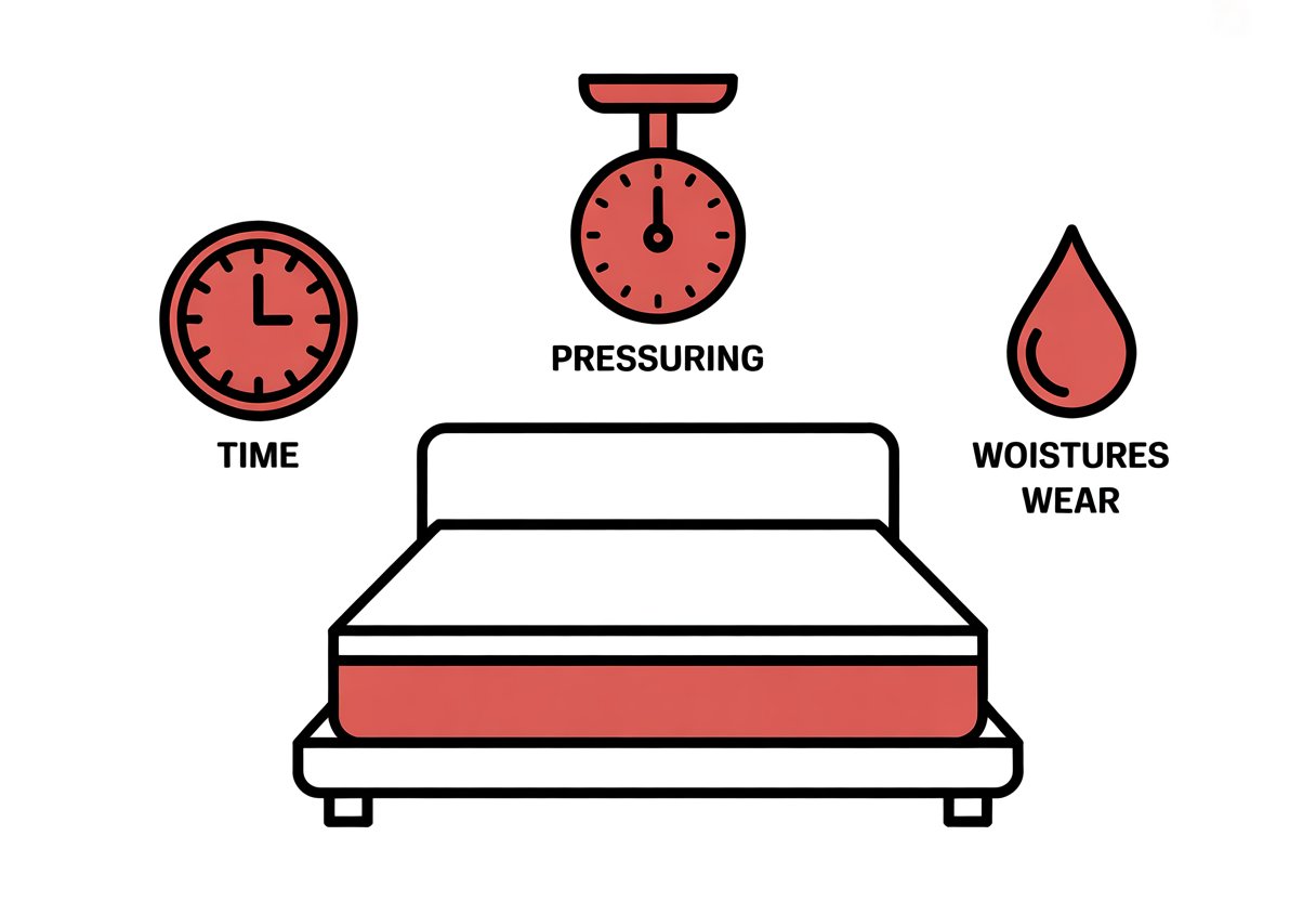 A queen mattress on a simple bed frame surrounded by three icons: a clock, a weight scale, and a water droplet.