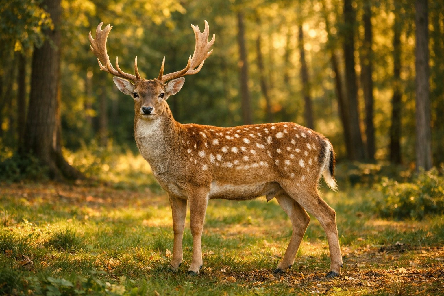An adult deer standing in a sunlit forest clearing surrounded by trees and grass.