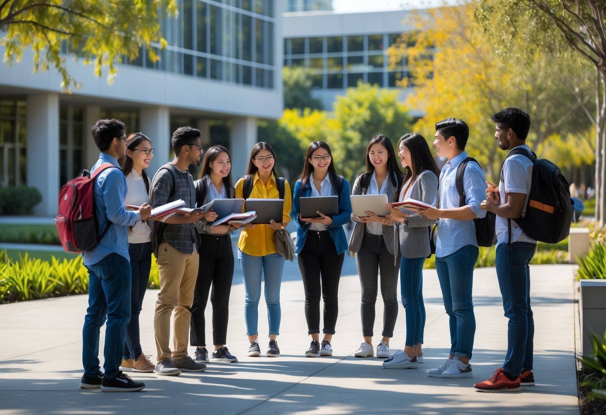 A diverse group of university students studying and talking together outdoors on a sunny university campus.