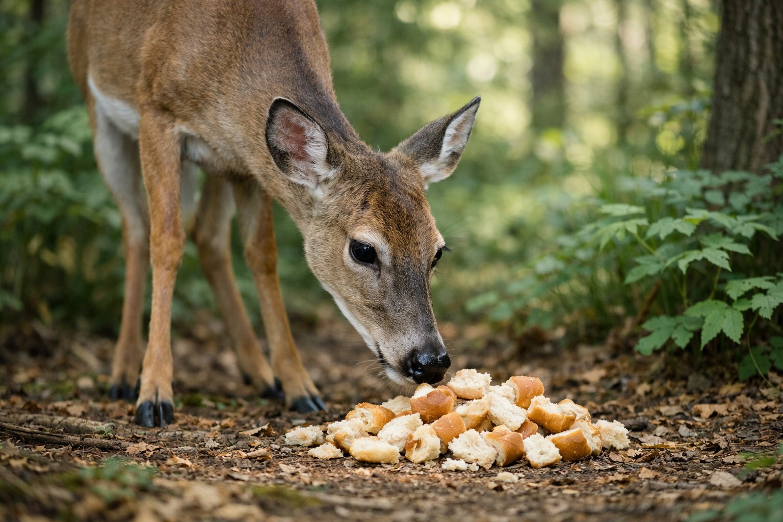A deer in a forest sniffing or eating pieces of bread on the ground.