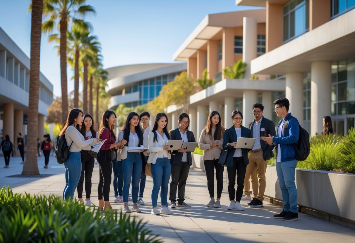 A group of diverse students discussing architectural plans outdoors on a university campus with modern buildings and palm trees in the background.