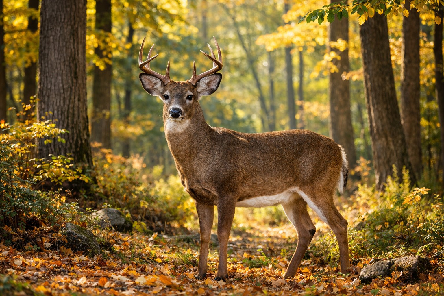 An adult deer standing alert in a sunlit forest surrounded by trees and autumn leaves.