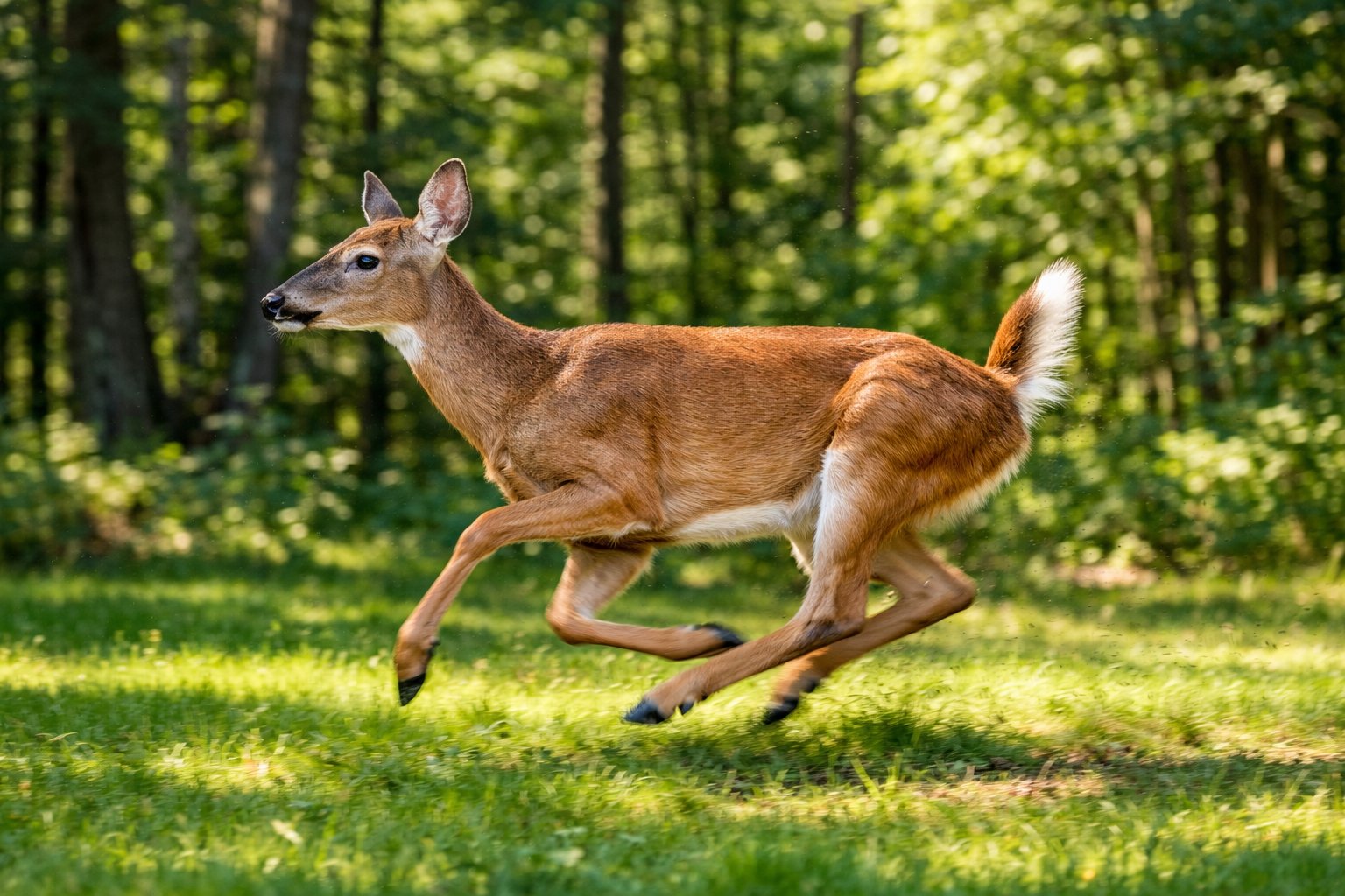 A deer running swiftly through a green forest clearing with sunlight filtering through the trees.