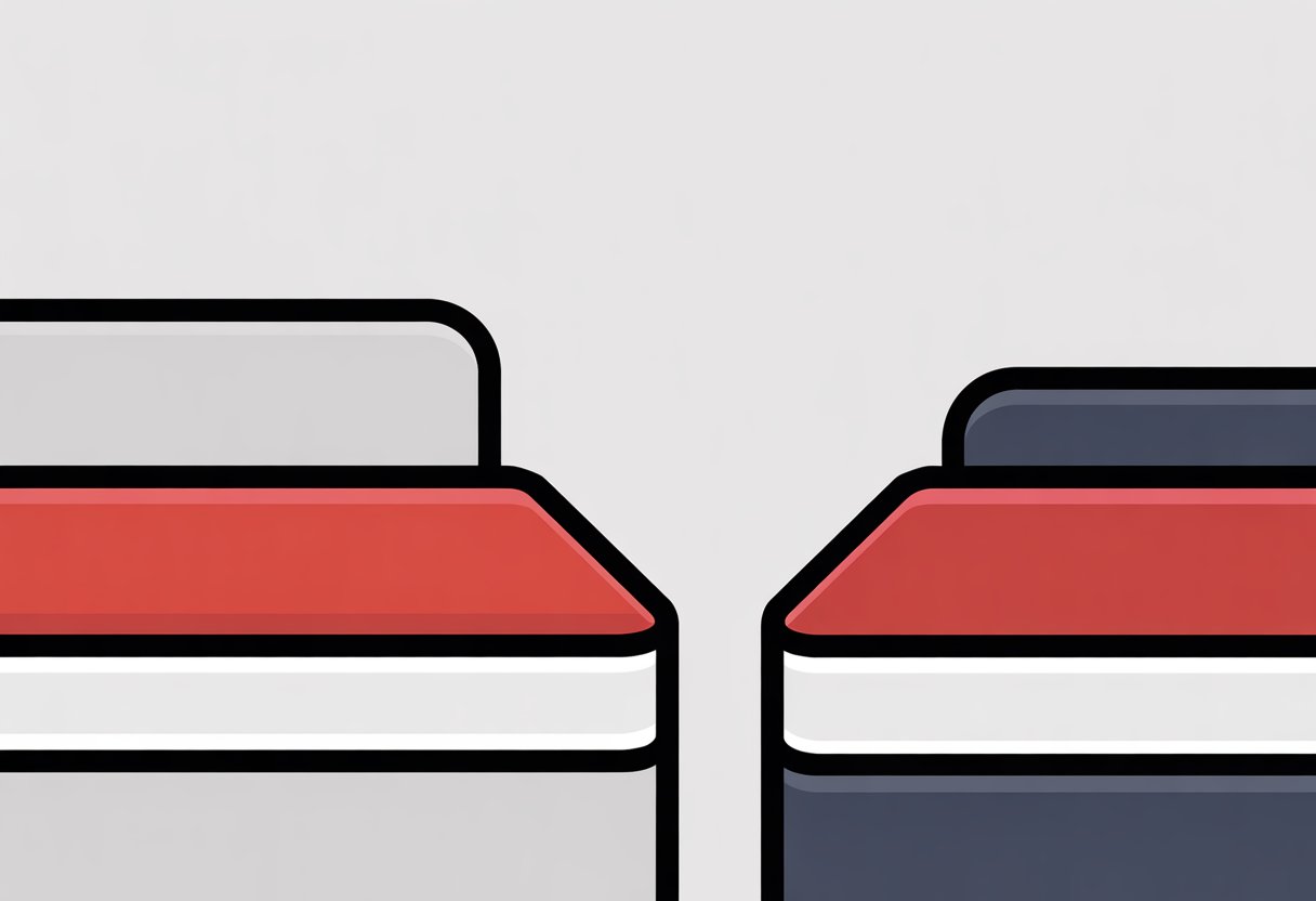Three simplified mattress icons side-by-side representing different mattress types in red, black, and white.