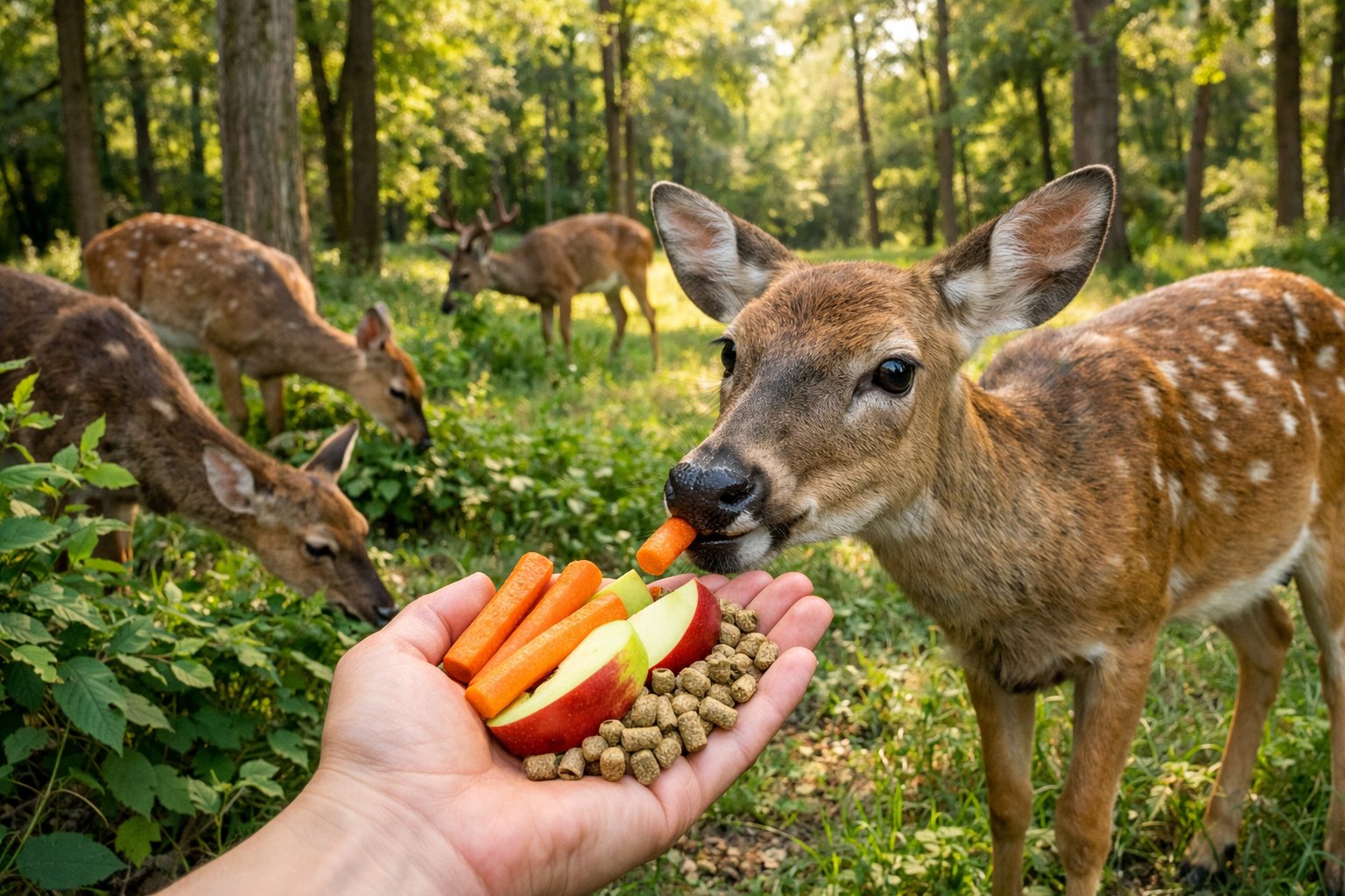 Deer grazing in a forest clearing while a hand offers them healthy food alternatives like carrots and apples.