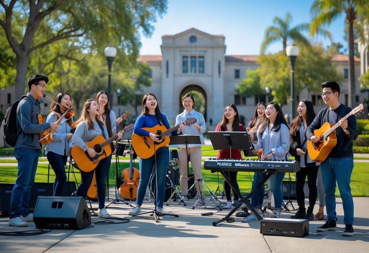 A diverse group of university students playing musical instruments and singing together outdoors on a sunny university campus.