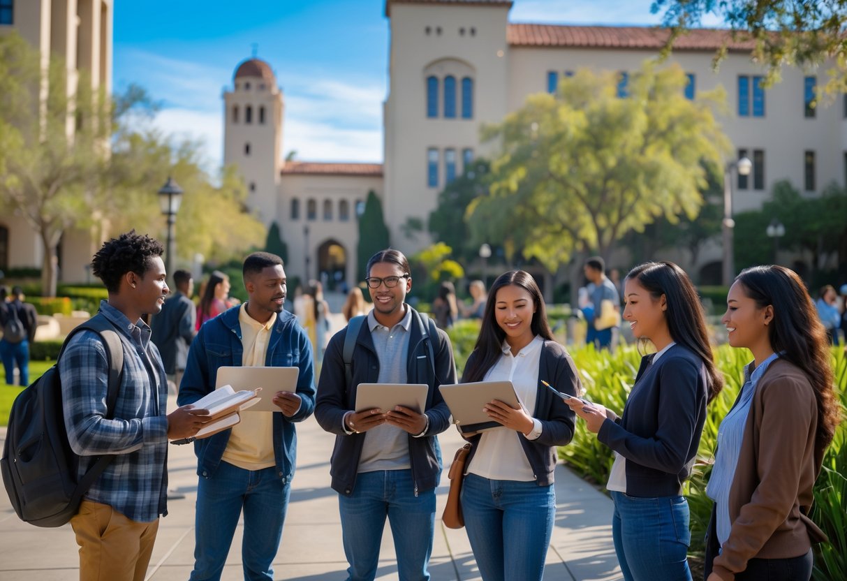 A diverse group of university students discussing and reviewing documents outdoors on a sunny day at a university campus.