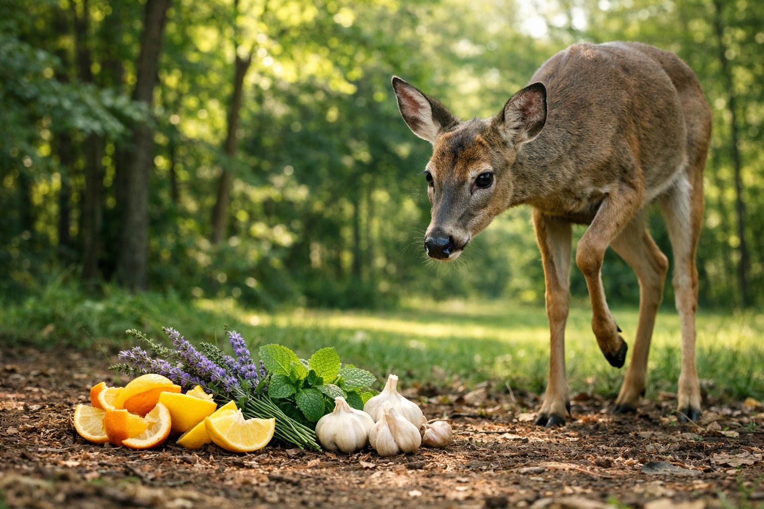 A deer in a forest clearing hesitantly approaching citrus peels, herbs, and garlic on the ground.