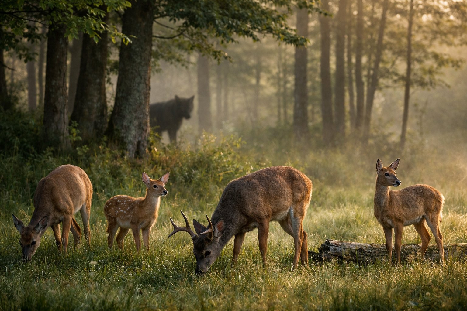 A family of deer grazing near a forest edge while a predator watches from behind the trees.