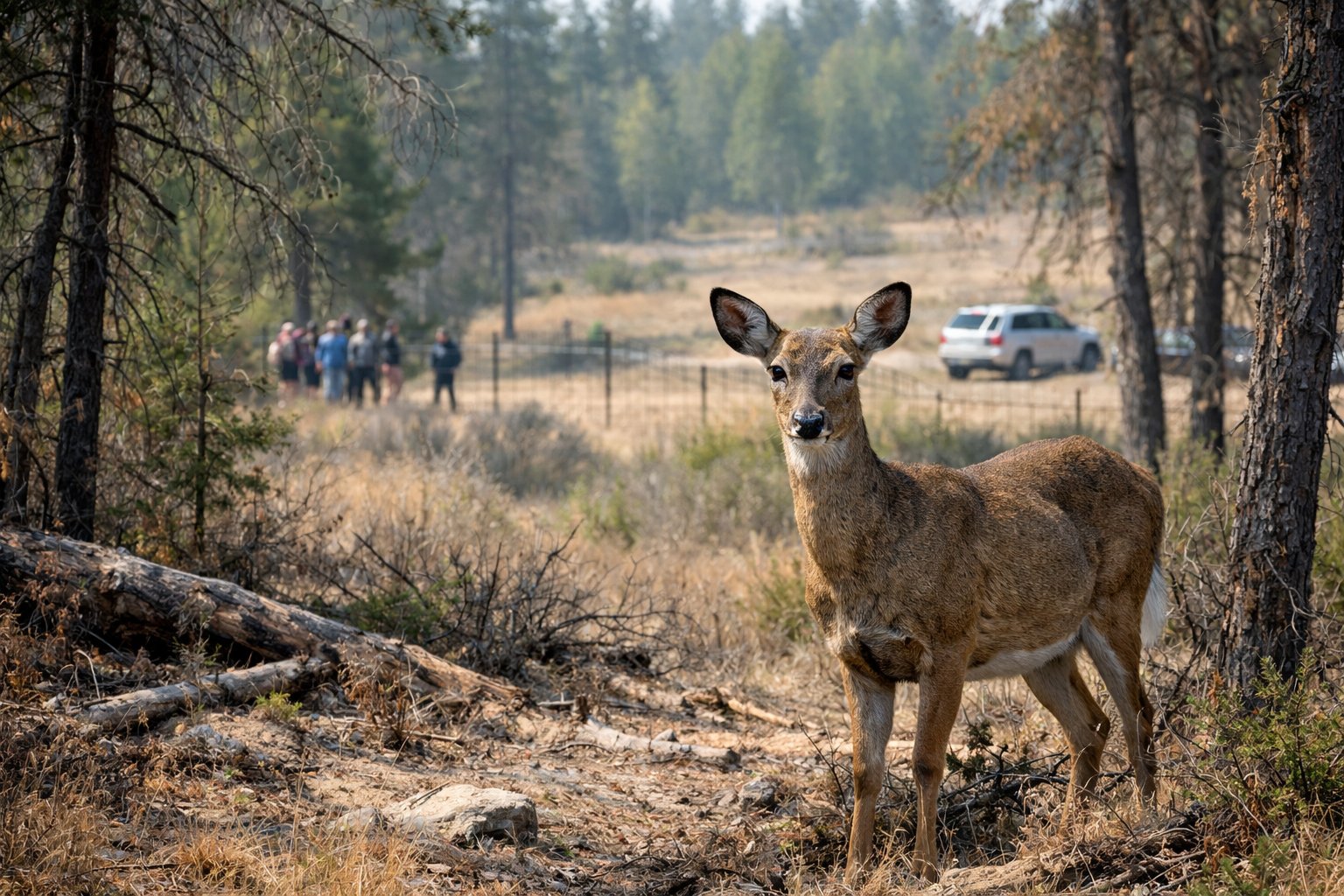 A deer standing alert in a forest showing signs of environmental stress and human encroachment in the background.