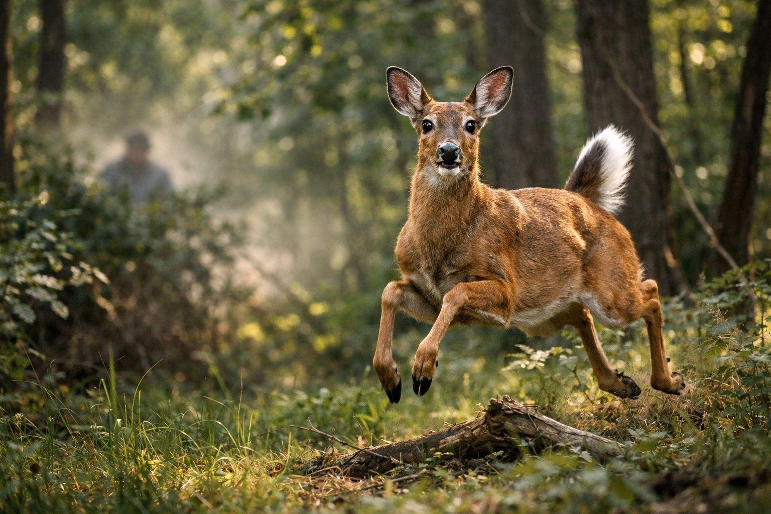 A deer in a forest looks startled and is leaping away from a hidden disturbance among the trees.