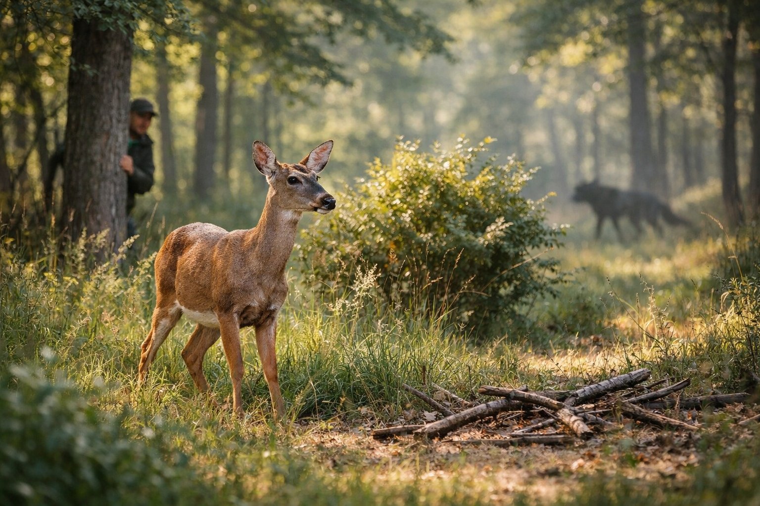 A deer standing alert in a forest clearing, looking towards potential threats among trees and bushes.