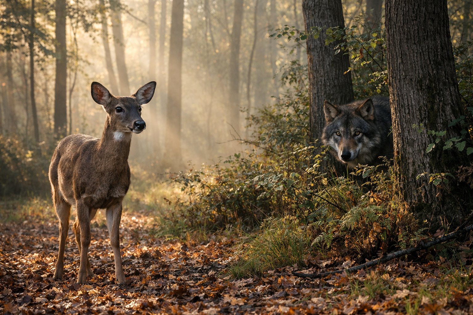 A deer in a forest looks alert and cautious as a wolf hides behind trees nearby.