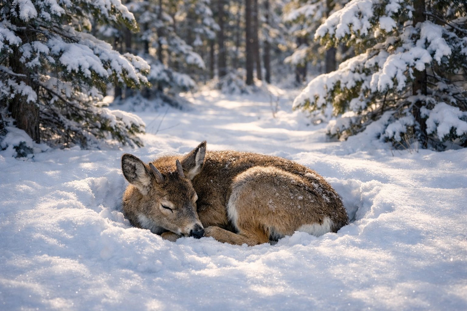 A deer curled up and resting in the snow in a quiet winter forest surrounded by snow-covered trees.
