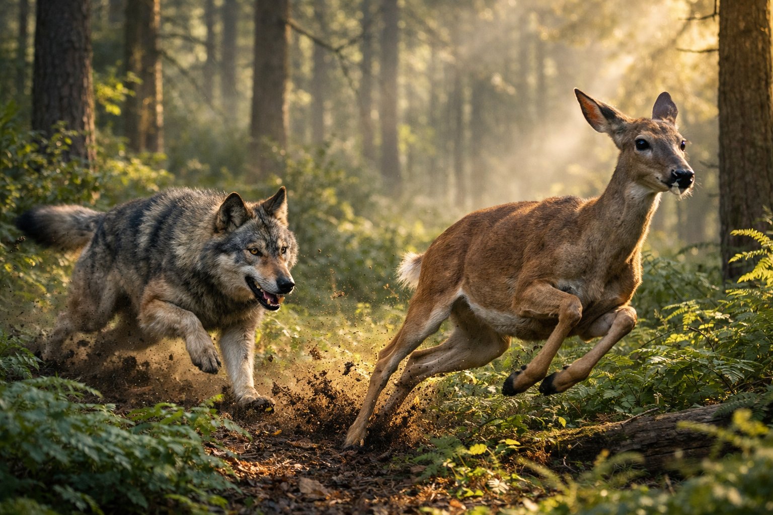 A gray wolf chasing a deer through a forest with sunlight filtering through the trees.