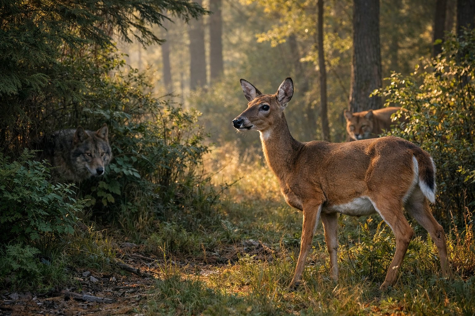 A deer standing in a forest with a partially hidden predator nearby among the trees.