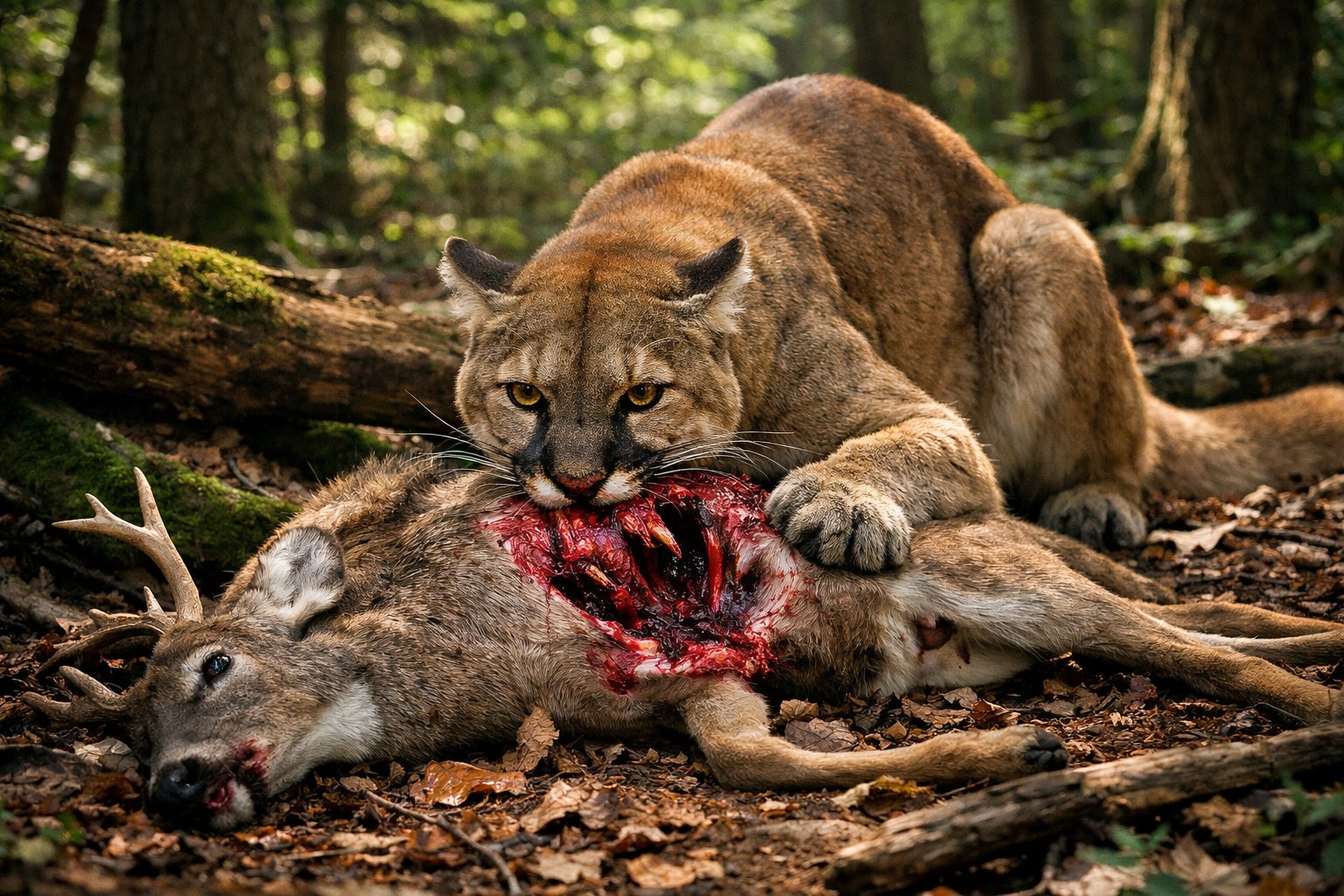 A wild predator hunting or feeding on a deer in a dense forest.