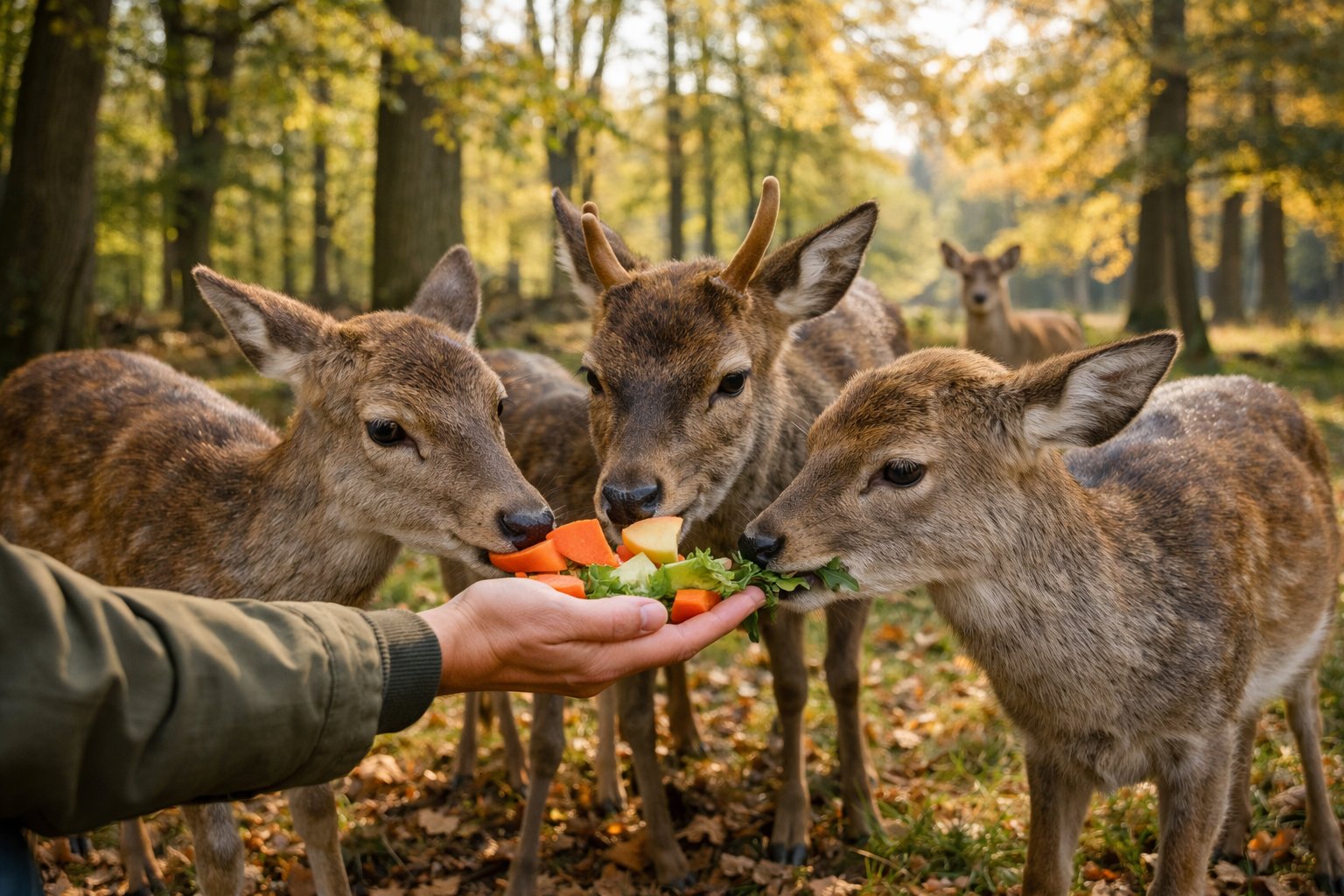 A person feeding wild deer with carrots and leafy greens in a wooded area during early autumn.