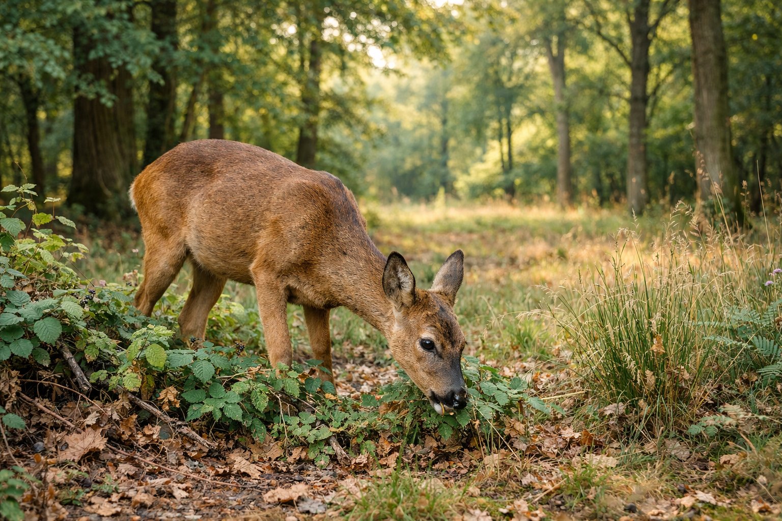 A wild deer grazing peacefully in a green woodland area with trees and plants in the background.
